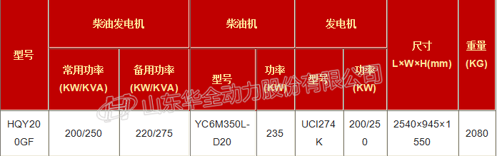 華全200kw玉柴發電機組技術參數